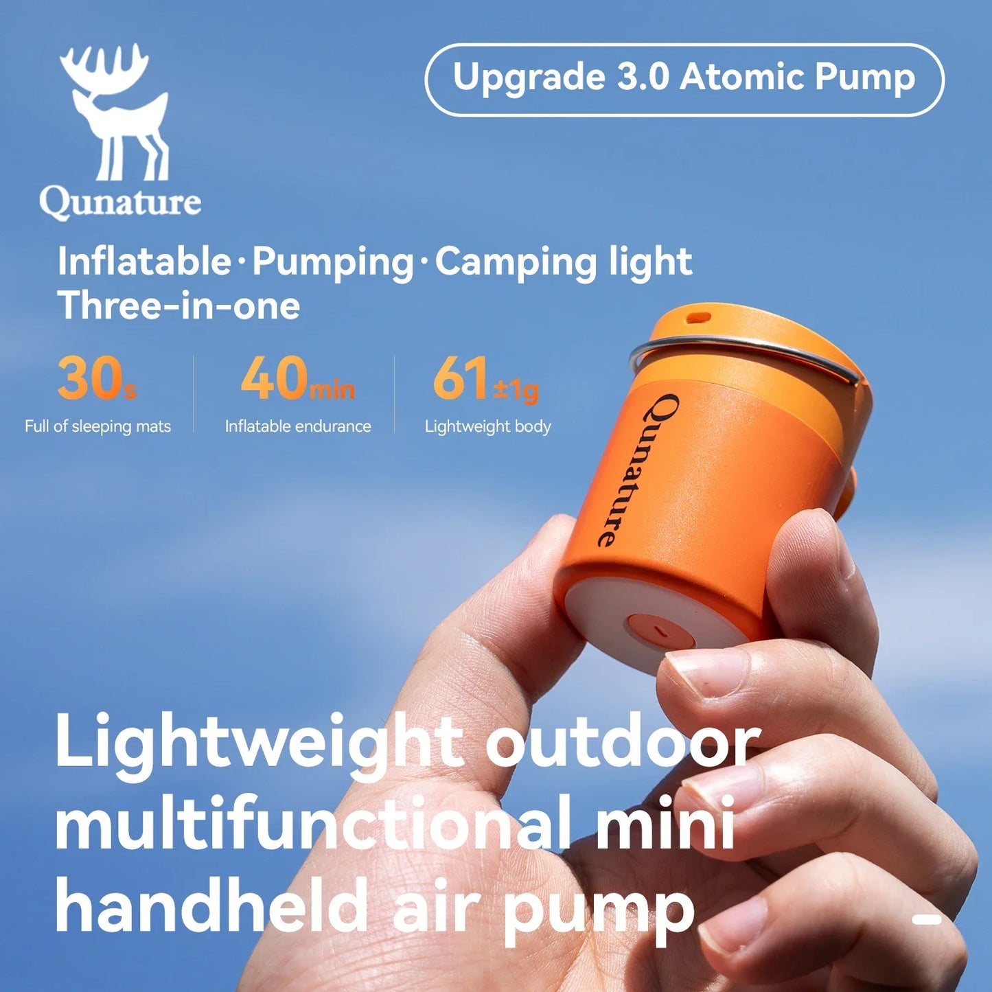 Qunature 3-in-1 Electric Air Pump Inflation Deflation Camping Light Lightweight Strong Air Pressure Mini  Air Mattress/Swim Ring