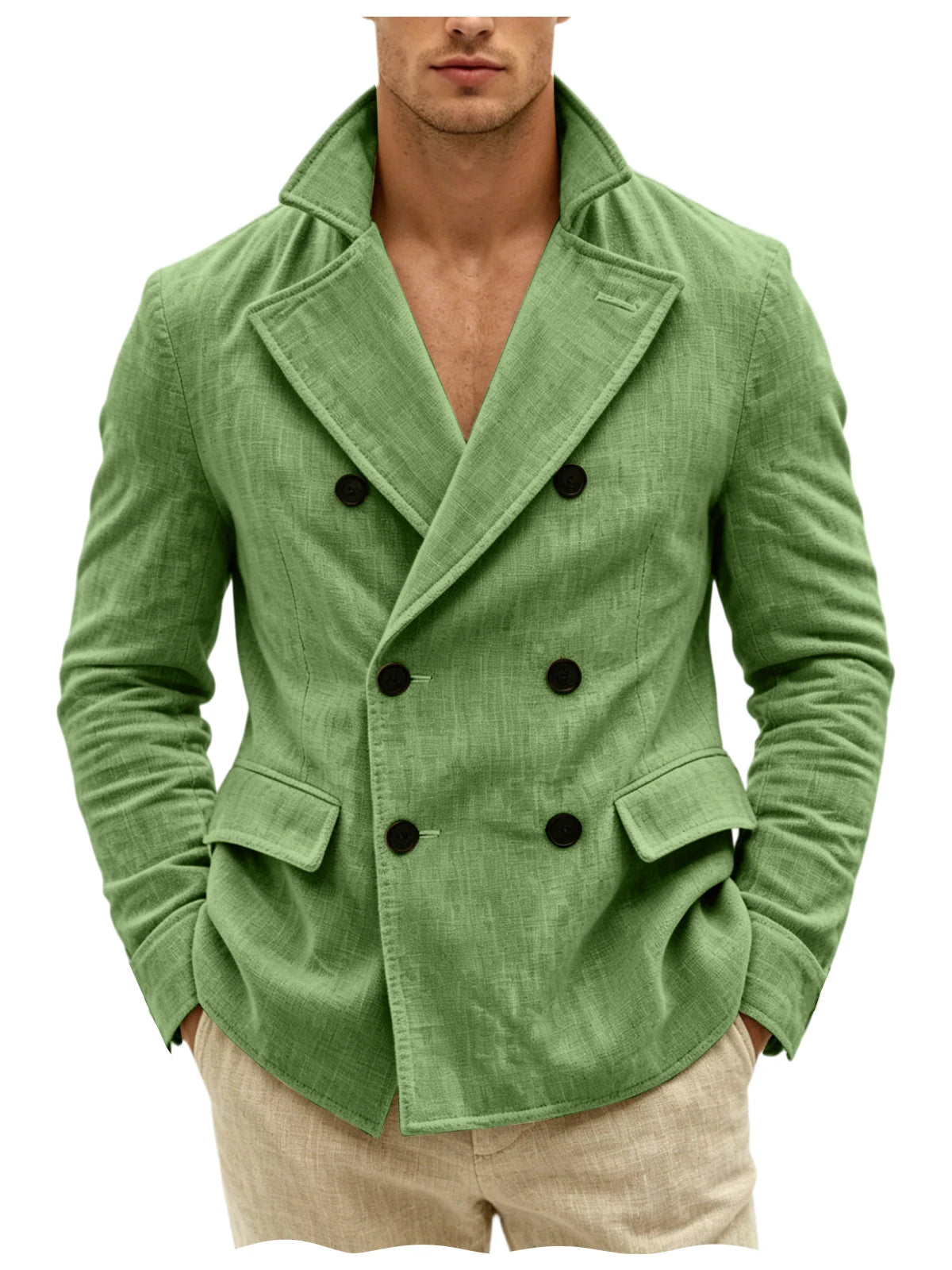 Men's Khaki Linen Blazer Double Breasted Peaked Lapel Lightweight Breathable Soft Cool Casual Formal Sport Coat For Summer Beach