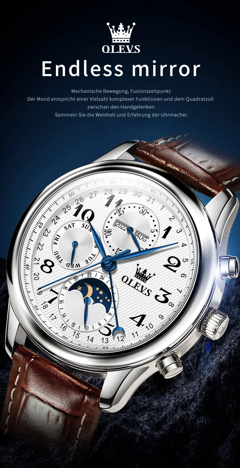 OLEVS Original Men's Automatic Wristwatch Moon Phase Calendar Waterproof Stainless Steel Leather Strap Mechanical Watch for Men