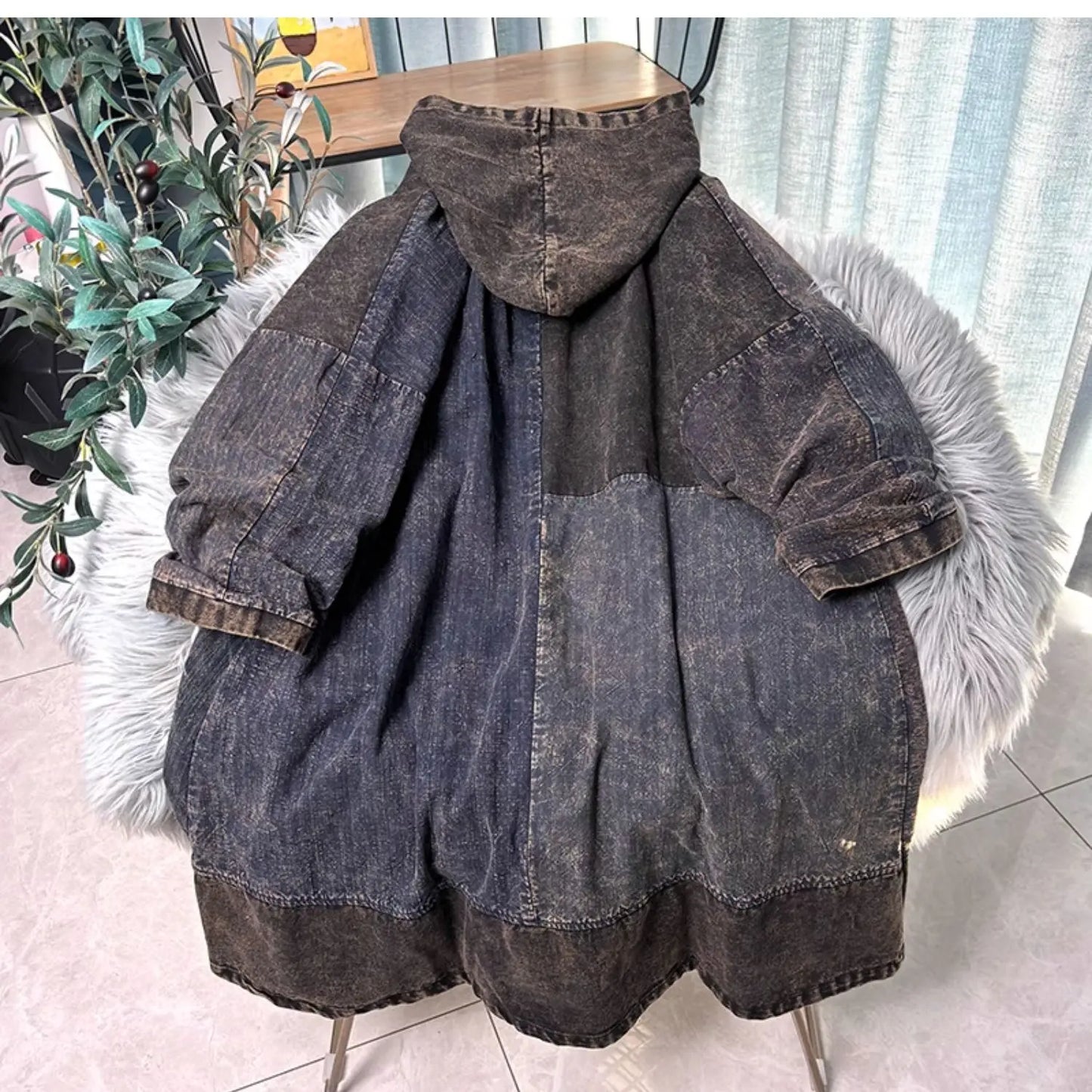 Chinese Style Personalized Old Fabric Denim Patchwork Hooded Vintage Loose Long Sleeved Dress Women Spring Autumn MCP008