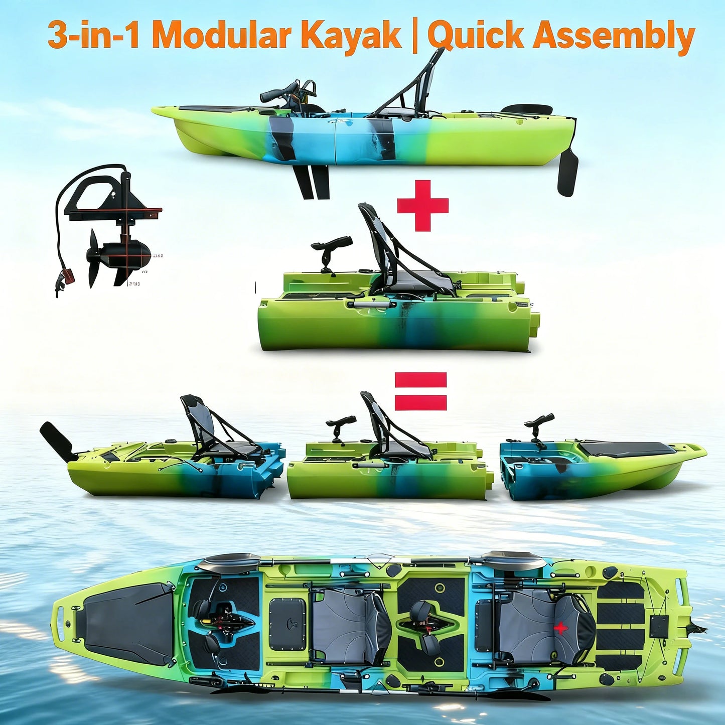 2-Seater Sit-on-Top Modular Pedal & Electric Fishing Kayak with Accessories Durable Anti-Collision Customizable Aluminum Seats
