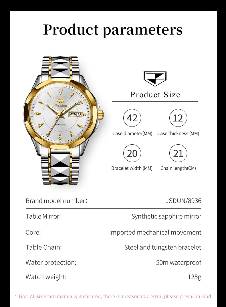 JSDUN Original Mechanical Men's Watches Waterproof Stainless steel Band Gold Wristwatches Date Automatic Watch For Men Genuine