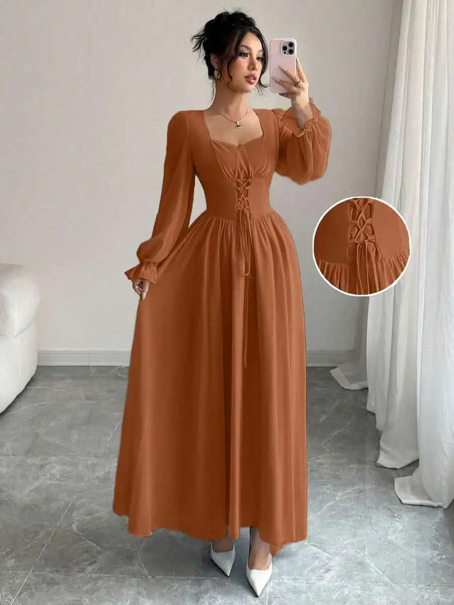 Elegant Blue Long Sleeve Maxi Dress with Corset Lace-Up Waist, Square Neck, Ruffled Cuffs for Spring Summer Events