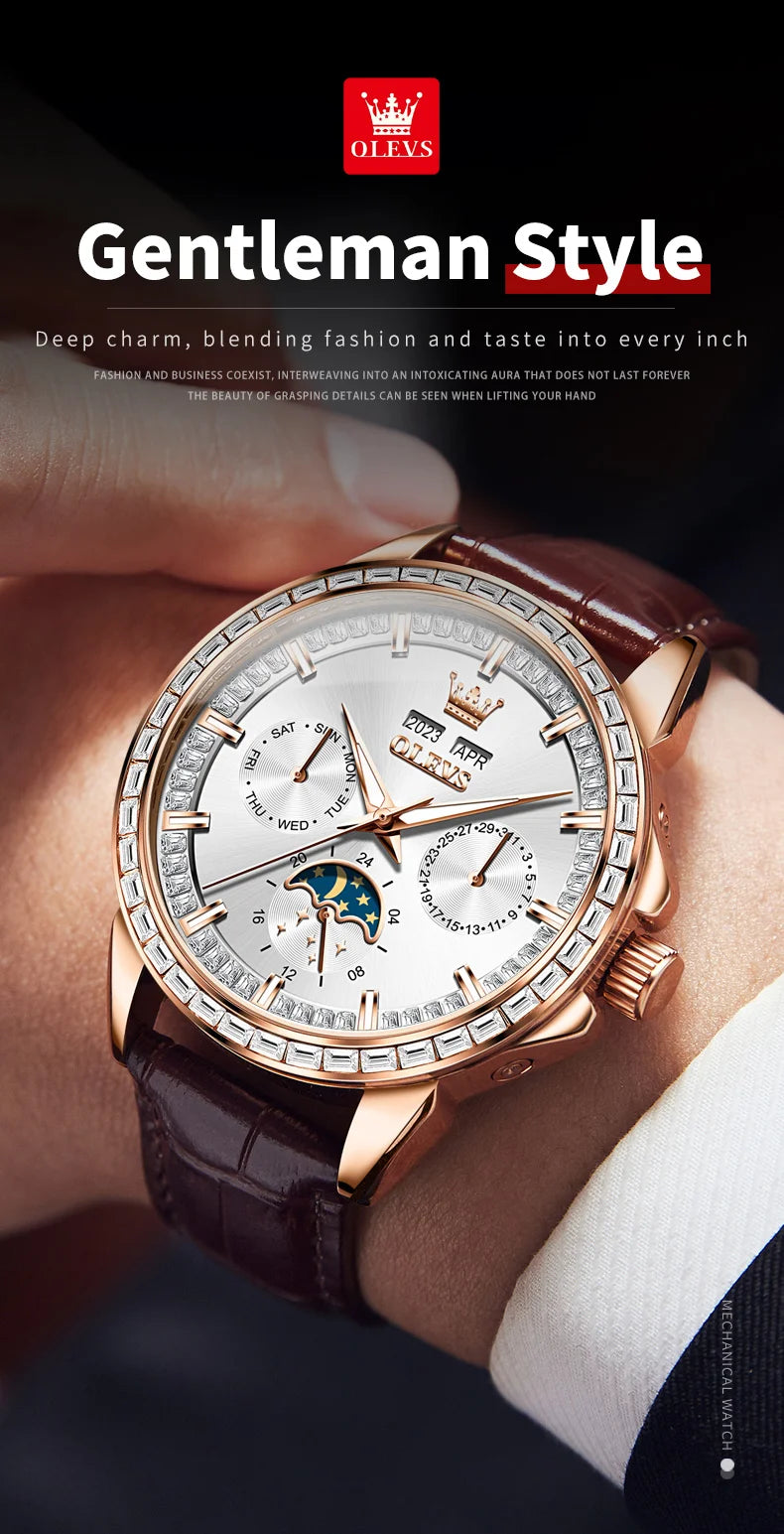 OLEVS 6695 NEW Men's Watches Full Diamond Multifunctional Dial Blue Leather Strap Calendar Week Moon Phase Waterproof Wristwatch