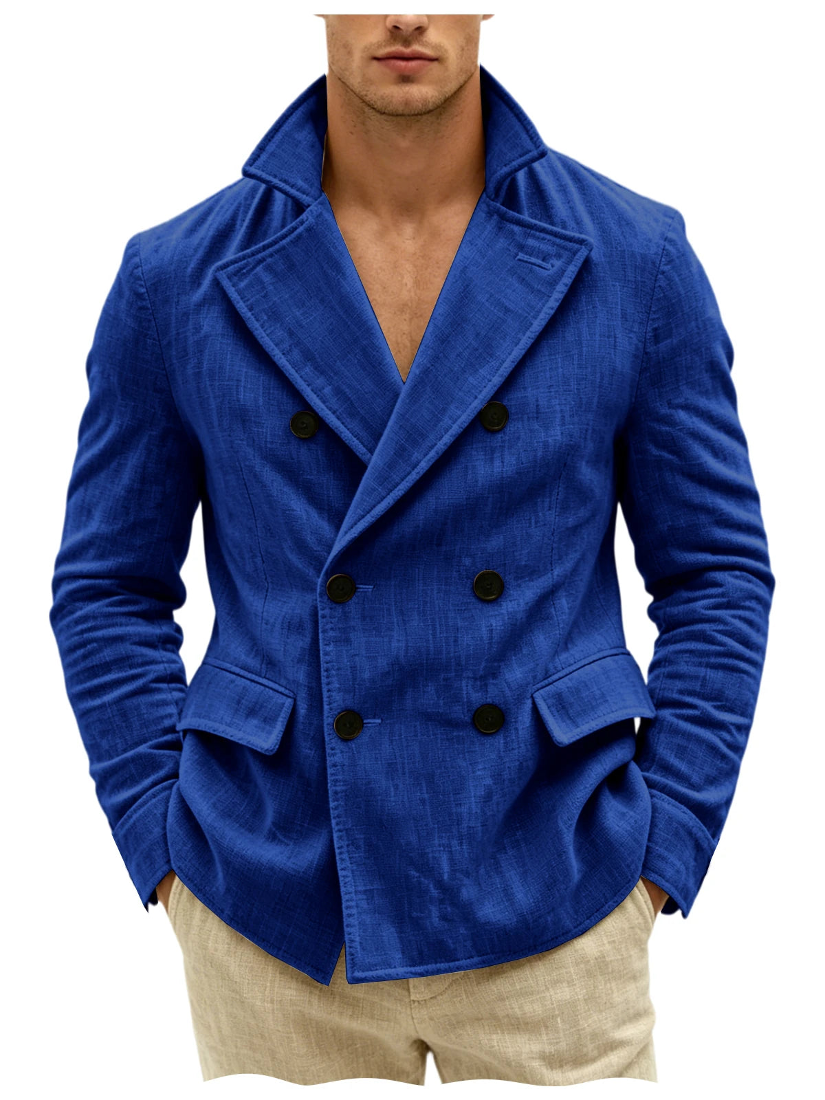Men's Khaki Linen Blazer Double Breasted Peaked Lapel Lightweight Breathable Soft Cool Casual Formal Sport Coat For Summer Beach