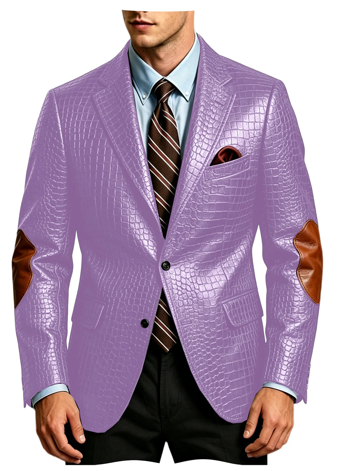 Luxury Men's Crocodile Embossed Leather Blazer Notched Lapel Elbow Patches 2 Button Slim Fit Jacket Business Casual For Wedding