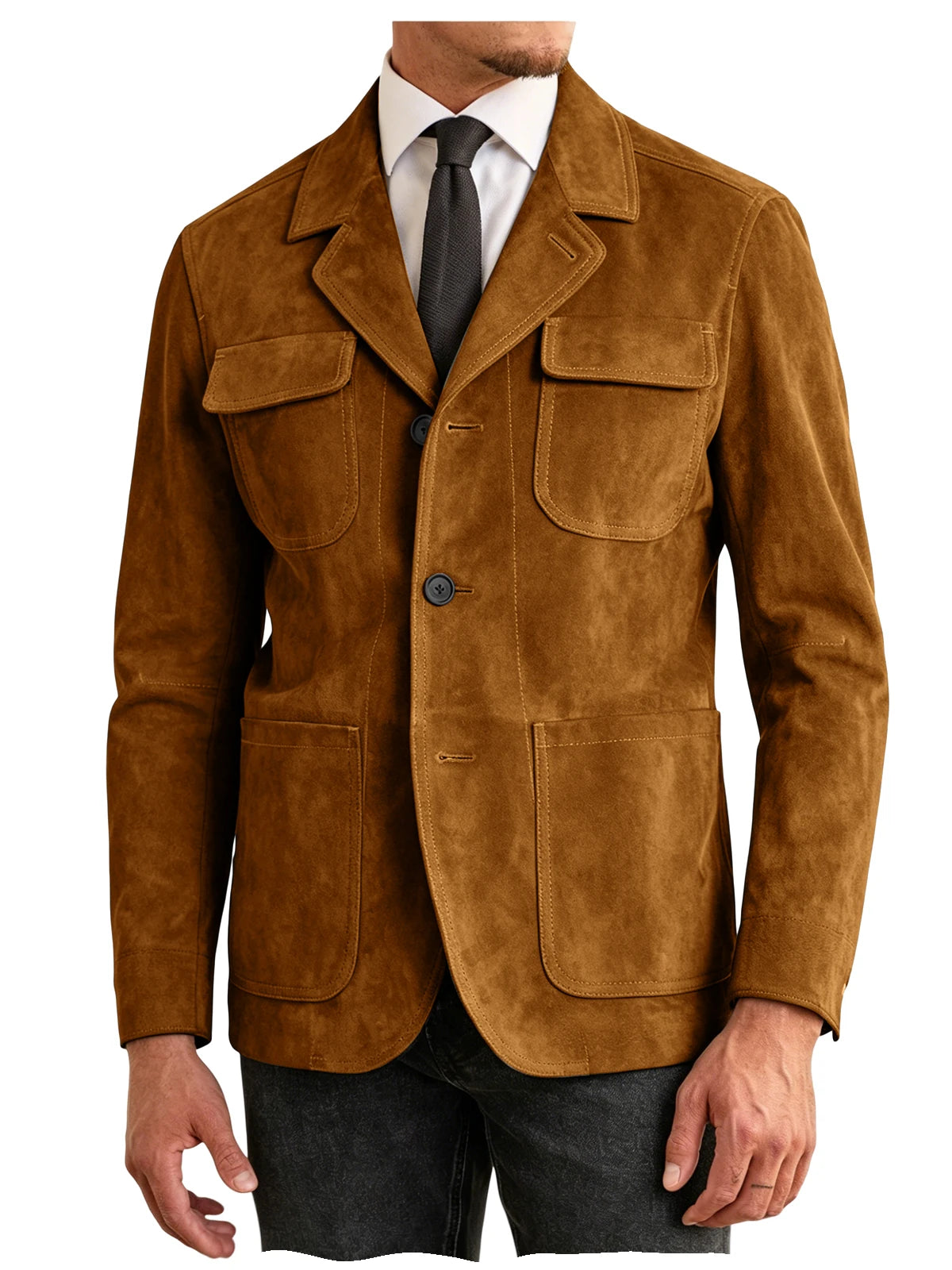 Men's Suede Safari Jacket Navy Slim Fit Fashion Multi-Pocket Notched Lapel Retro Casual Hunting Blazer For Business Daily Wear