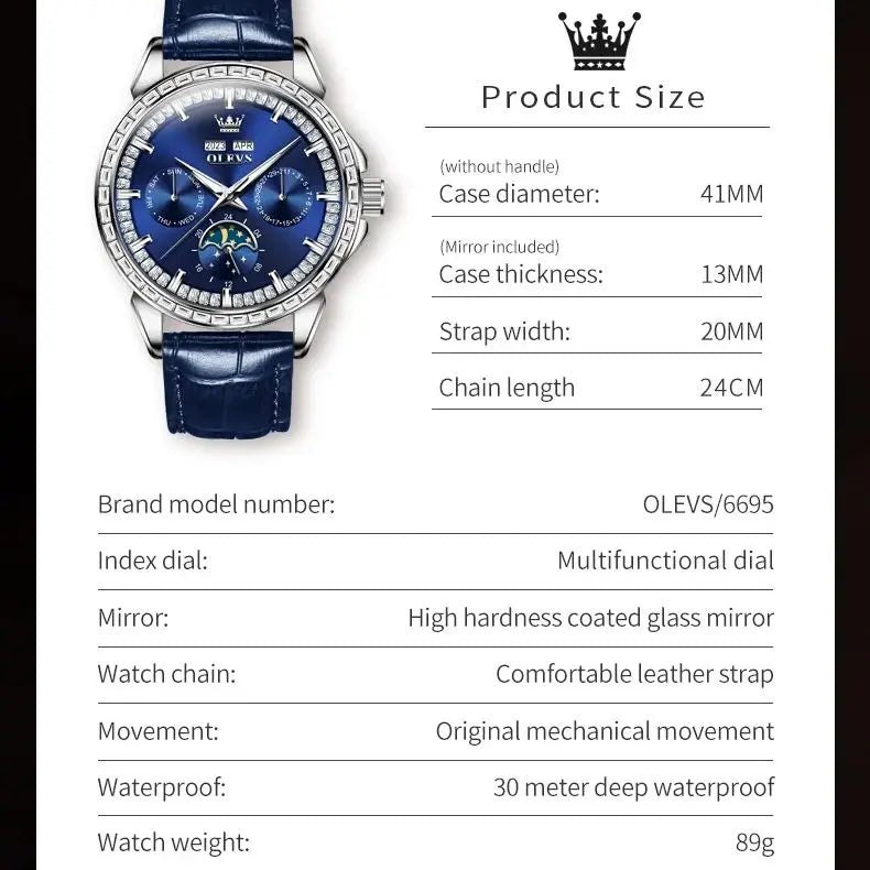 OLEVS 6695 NEW Men's Watches Full Diamond Multifunctional Dial Blue Leather Strap Calendar Week Moon Phase Waterproof Wristwatch