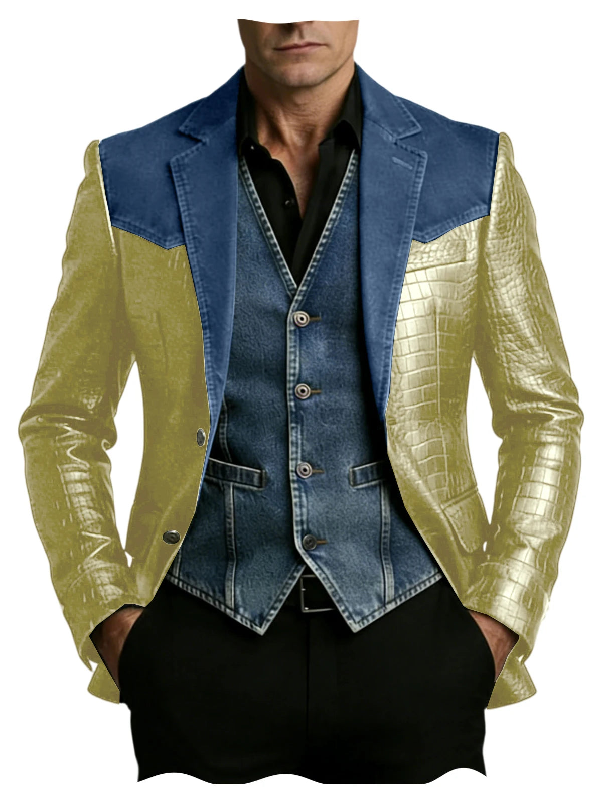 Men's Blazer Luxury Crocodile Embossed Leather Patchwork Denim Suit Jacket Notched Lapel Western Cowboy Party Casual Streetwear