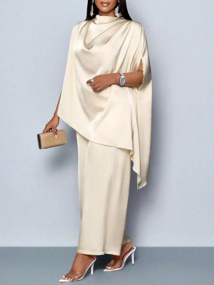 Women's Satin Mock Neck Asymmetrical Blouse & Straight Leg Pants Set, Elegant Plus Size Outfit for Fall