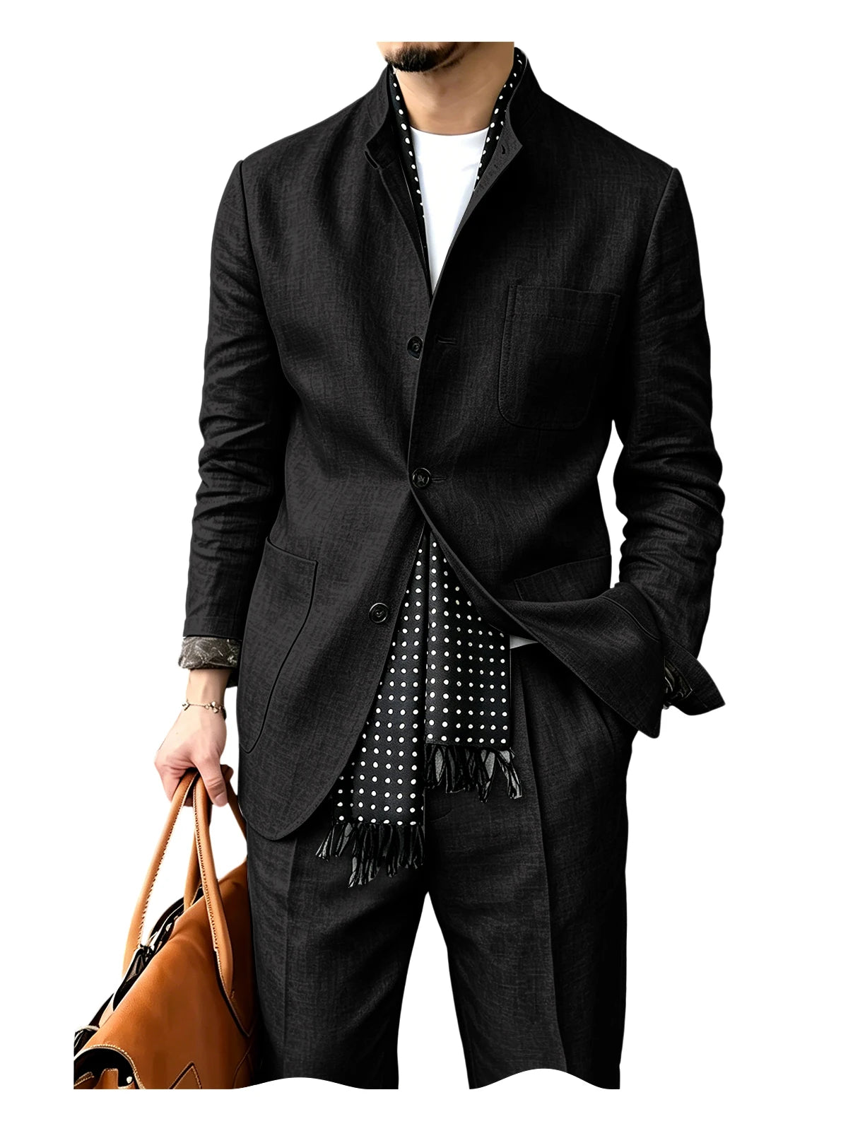 Men's Linen Blend 2 Piece Suit Set Stand Collar Three Button Breathable Casual Blazer Pants For Business Daily Wear Summer