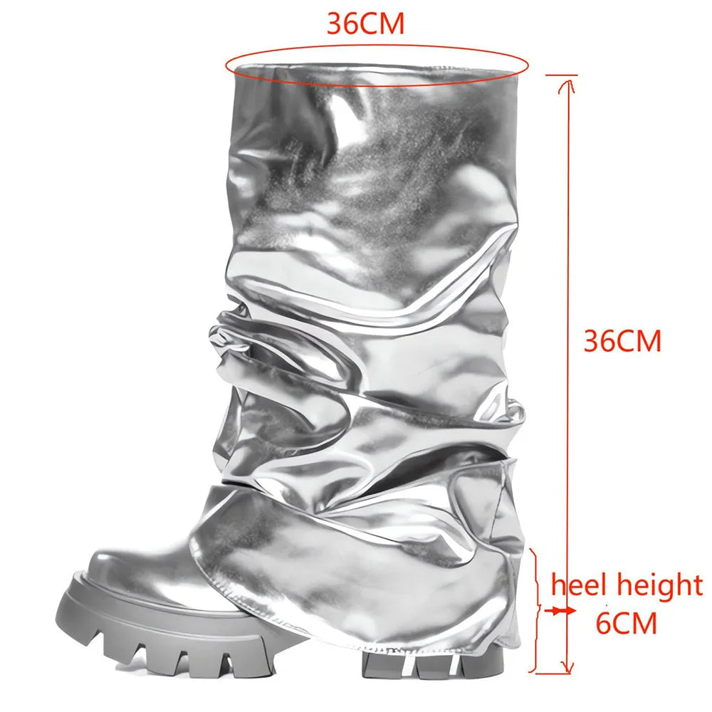 New Luxury Round Toe Chunky Heel Folding  Ladies Boots Fashion Street Shoot INS Metallic Nightclub Boots Woman