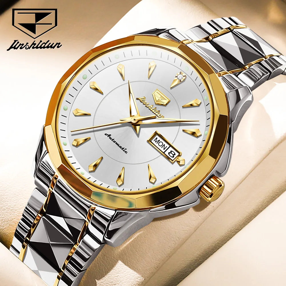 JSDUN Original Mechanical Men's Watches Waterproof Stainless steel Band Gold Wristwatches Date Automatic Watch For Men Genuine