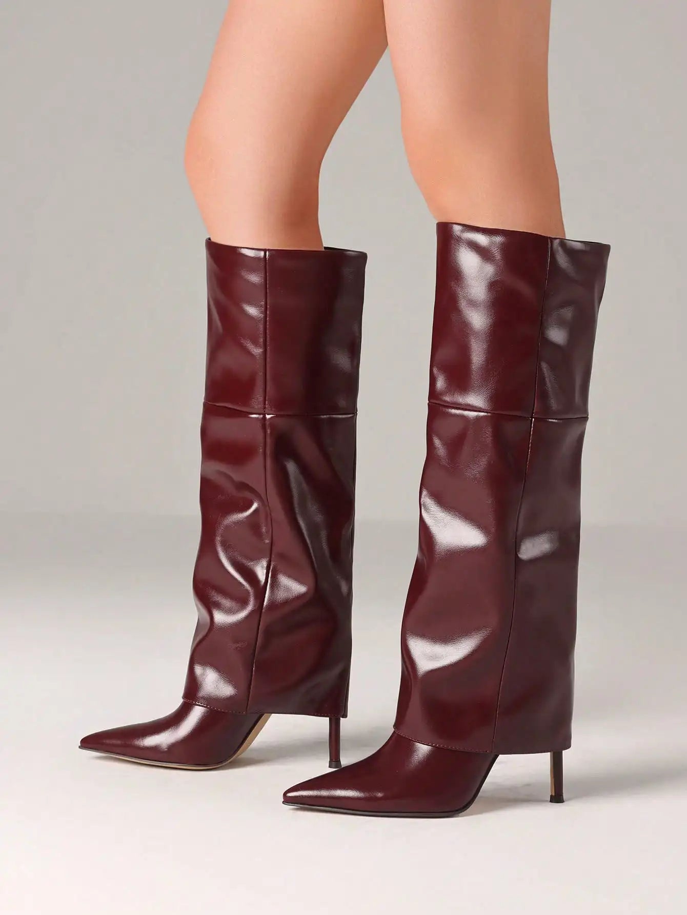 Women's Sexy Fold Over Knee High Shark Boots Fashion Pointed Toe Stiletto High Heels Pleated Party Dress Elegant Boots Woman