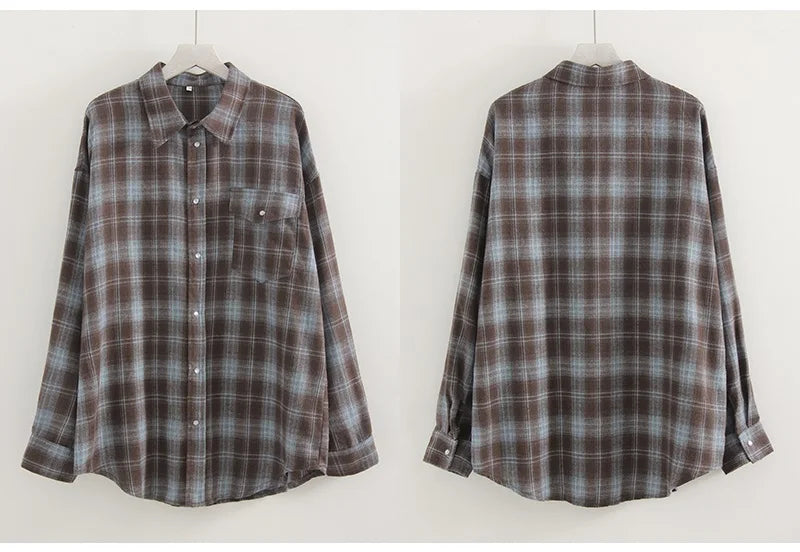 Streamgirl Oversized Plaid Shirt Women 2026 Spring Loose Vintage Long Shirts Full Sleeve Women Plaid Brown Oversized Shirt Blue