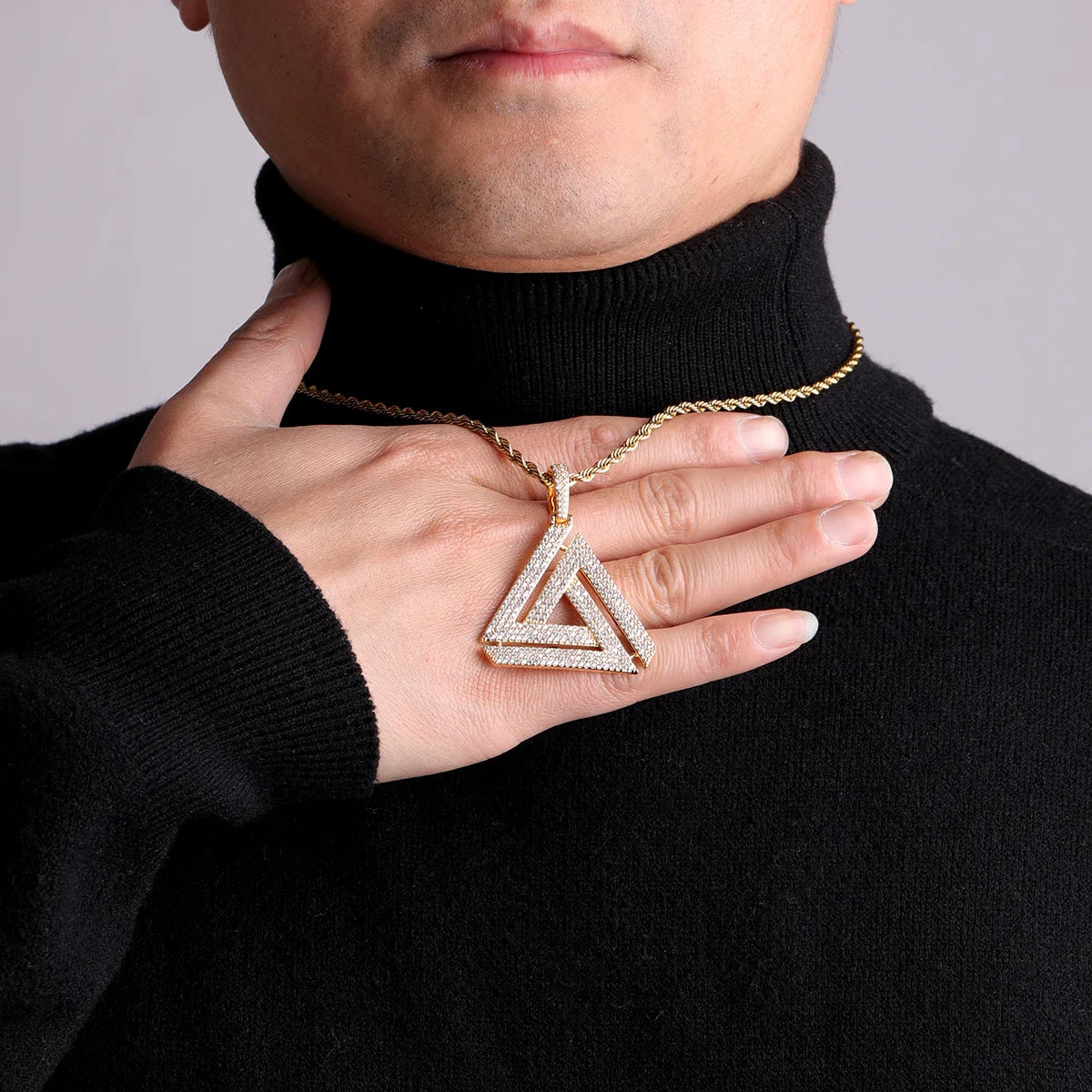 Aokaishen Iced Penrose Triangle Pendant Necklace for Men Real Gold Plated Hip Hop Jewelry