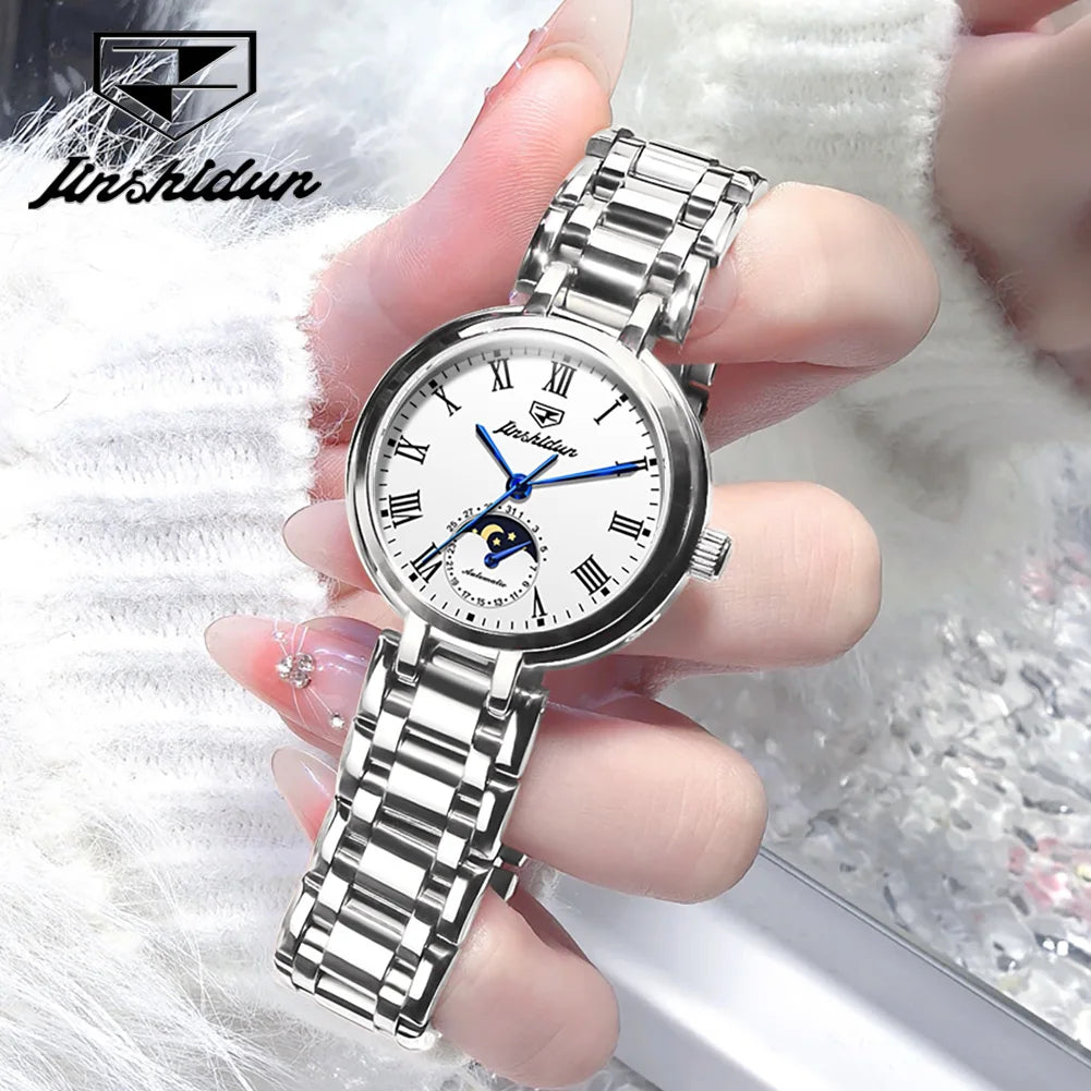 JSDUN 8981 Luxury Elegant Women's Mechanical Watch Classic Waterproof Roman Scale Automatic Women Moonphase Watch Dress Watch