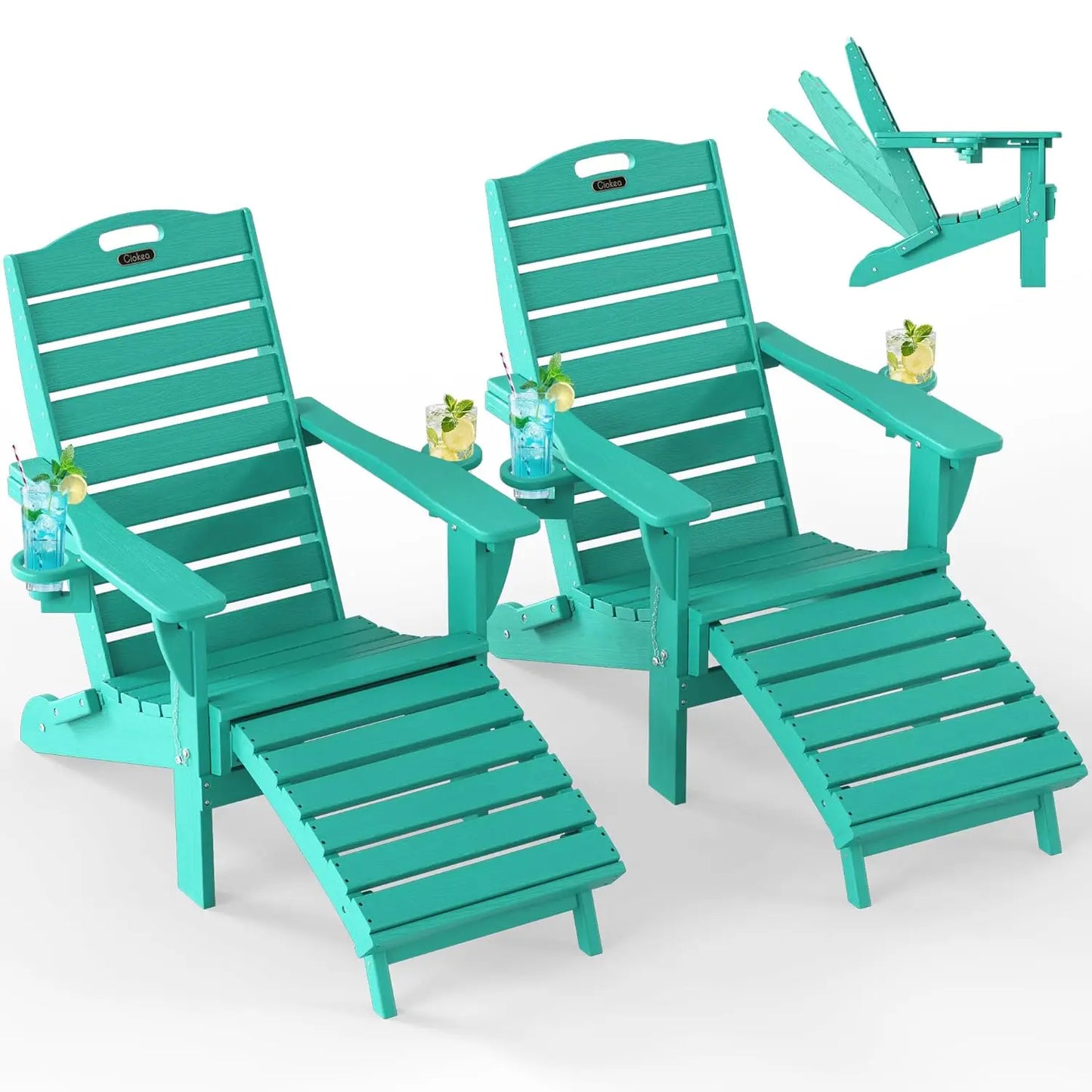 Folding Adirondack Chair Set of 2, Retractable Ottoman & Pull-Out Footrest, Weather Resistant for Fire Pit Lawn Outdoor , Custom