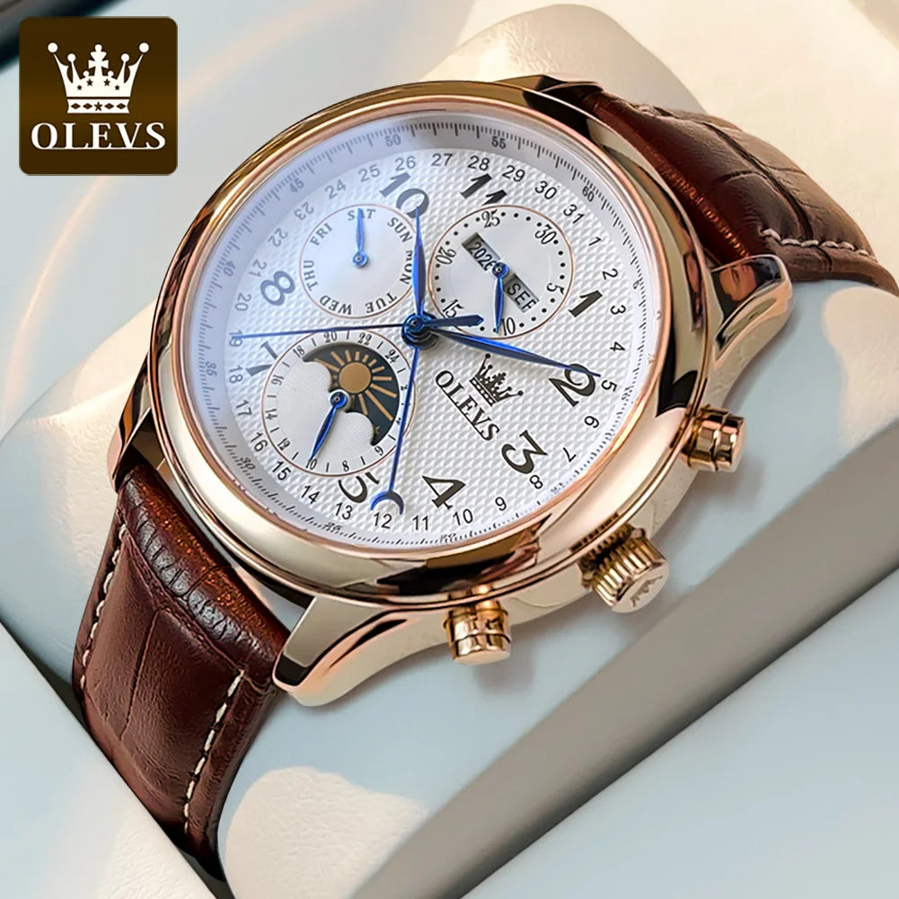 OLEVS Original Men's Automatic Wristwatch Moon Phase Calendar Waterproof Stainless Steel Leather Strap Mechanical Watch for Men