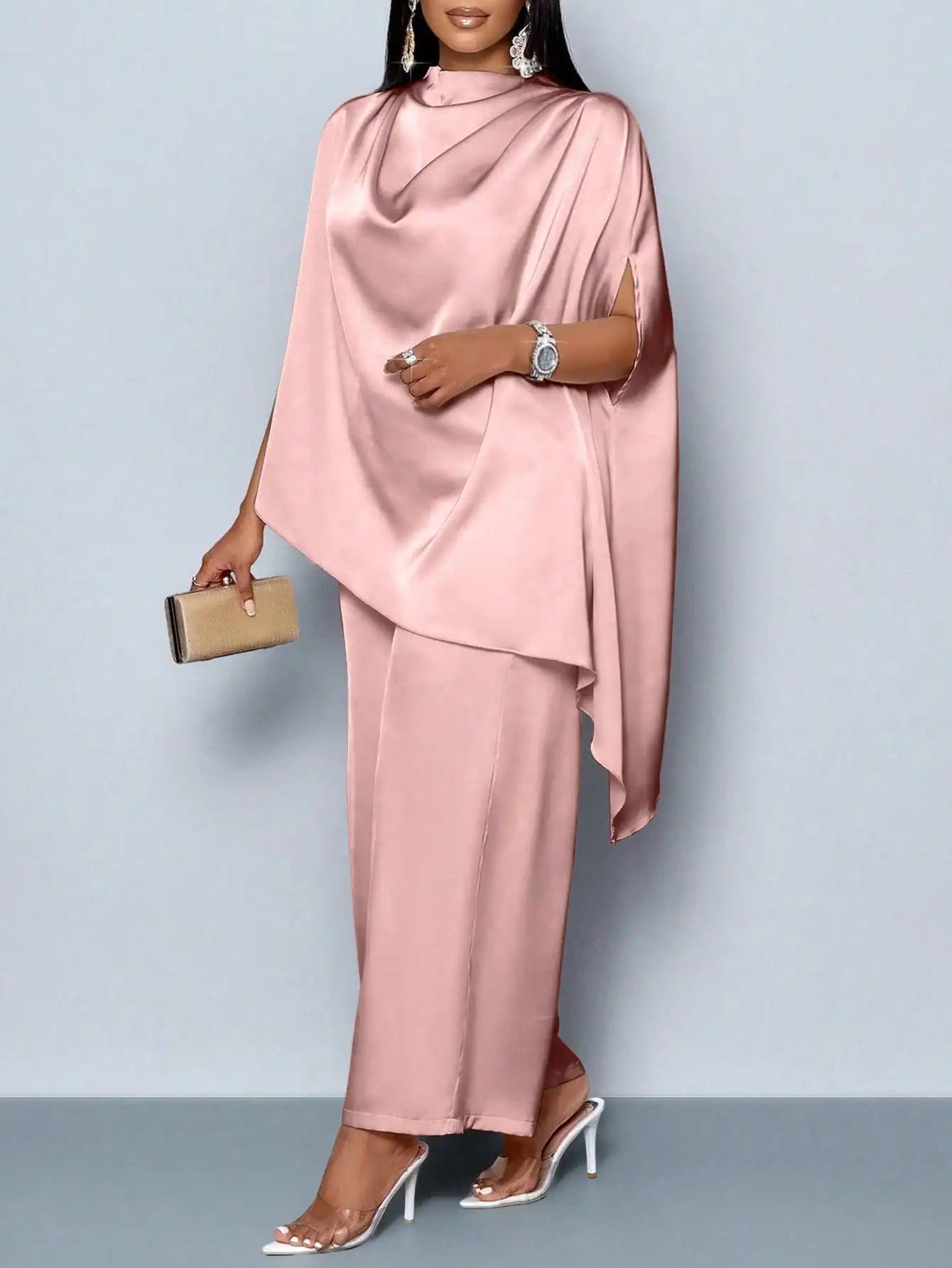 Women's Satin Mock Neck Asymmetrical Blouse & Straight Leg Pants Set, Elegant Plus Size Outfit for Fall