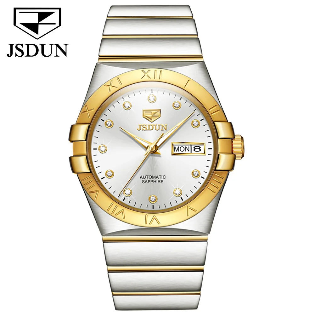 JSDUN Automatic Couple Watches Japan Movement Sapphire Mirror 100M Waterproof Luxury Diamond Gold Watch Lover's Watch Set Gift