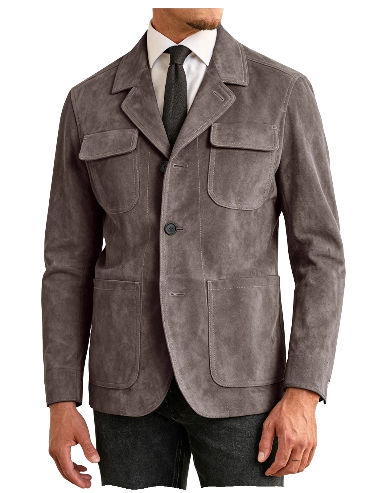 Men's Suede Safari Jacket Navy Slim Fit Fashion Multi-Pocket Notched Lapel Retro Casual Hunting Blazer For Business Daily Wear