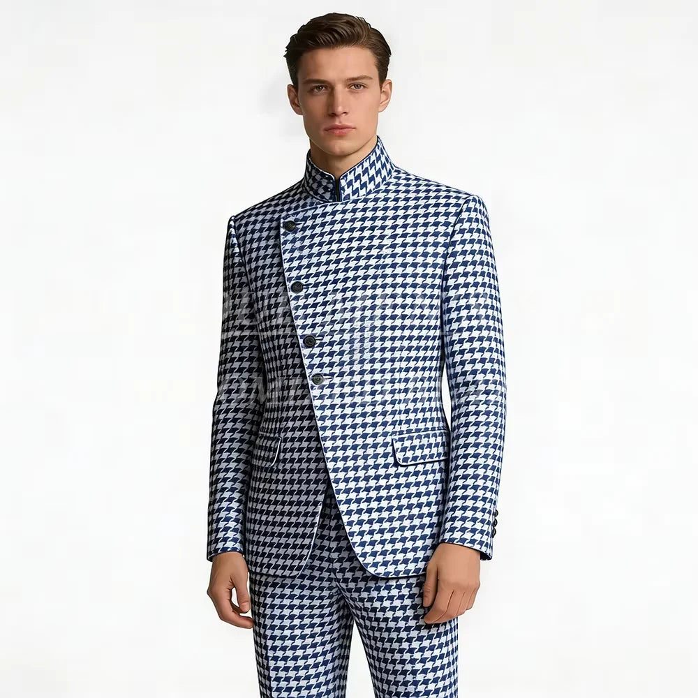Elegant Men's Houndstooth Suit 2 Piece Mandarin Collar Slim Fit Fashion Jacket Pants Vintage Male Set For Formal Business Weddin