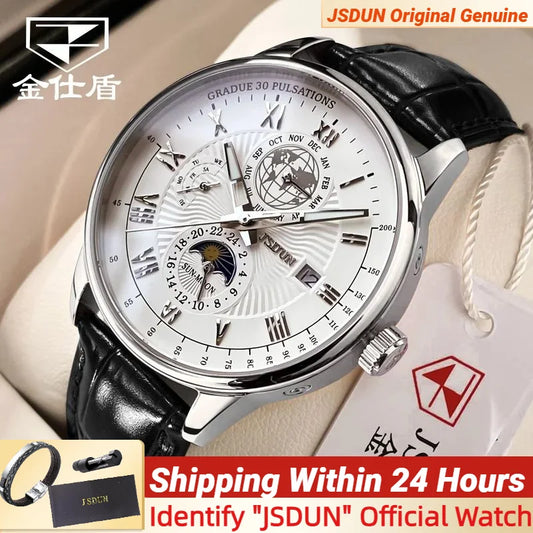 JSDUN Men Mechanical Watch Top Brand Luxury Automatic Watch Leather Waterproof Sports Moon Phase Wristwatch relogio masculino
