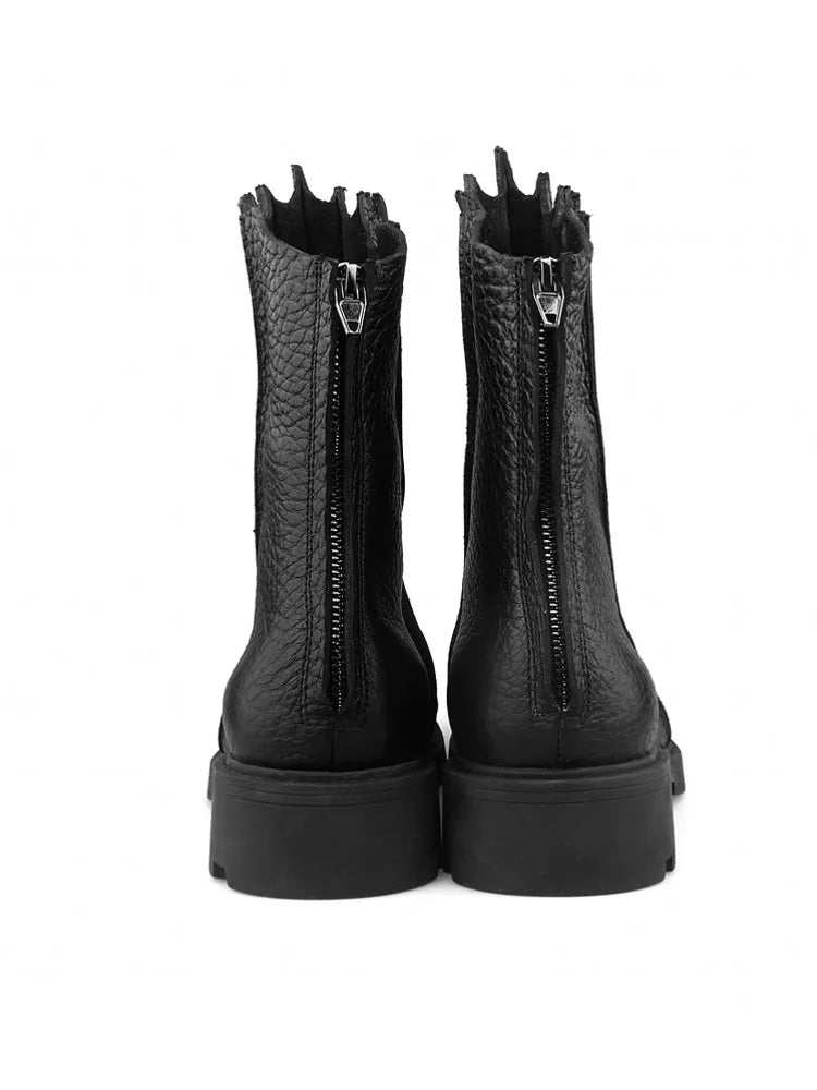 Winter New Mens Casual Black Designer Genuine Leather Comfortable Boots Mid Heel Zipper Motorcycle Round Toe Shoes Fashion Male
