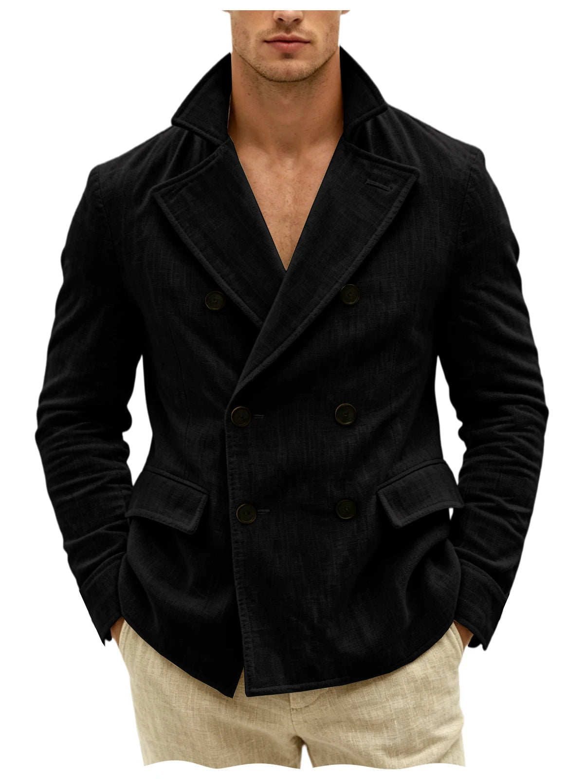 Men's Khaki Linen Blazer Double Breasted Peaked Lapel Lightweight Breathable Soft Cool Casual Formal Sport Coat For Summer Beach