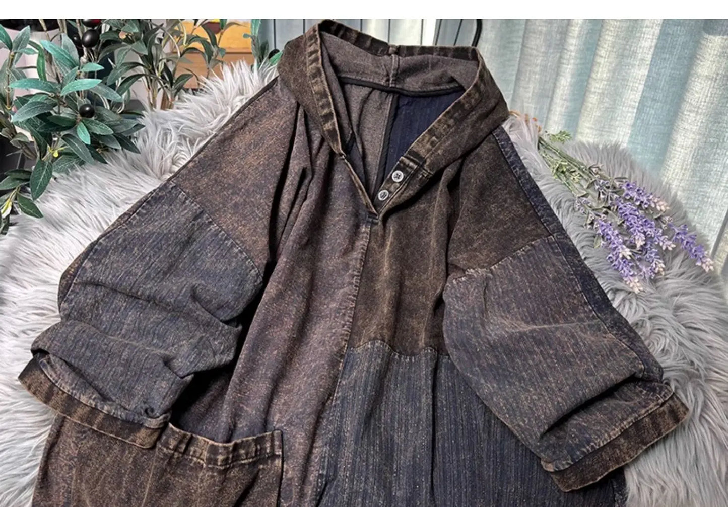 Chinese Style Personalized Old Fabric Denim Patchwork Hooded Vintage Loose Long Sleeved Dress Women Spring Autumn MCP008