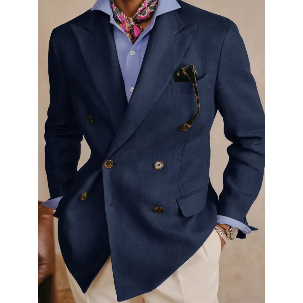 Men's Cotton Linen Blazer Vintage Double Breasted Slim Fit Peak Lapel Breathable Lightweight Summer Formal Jacket Business Casua