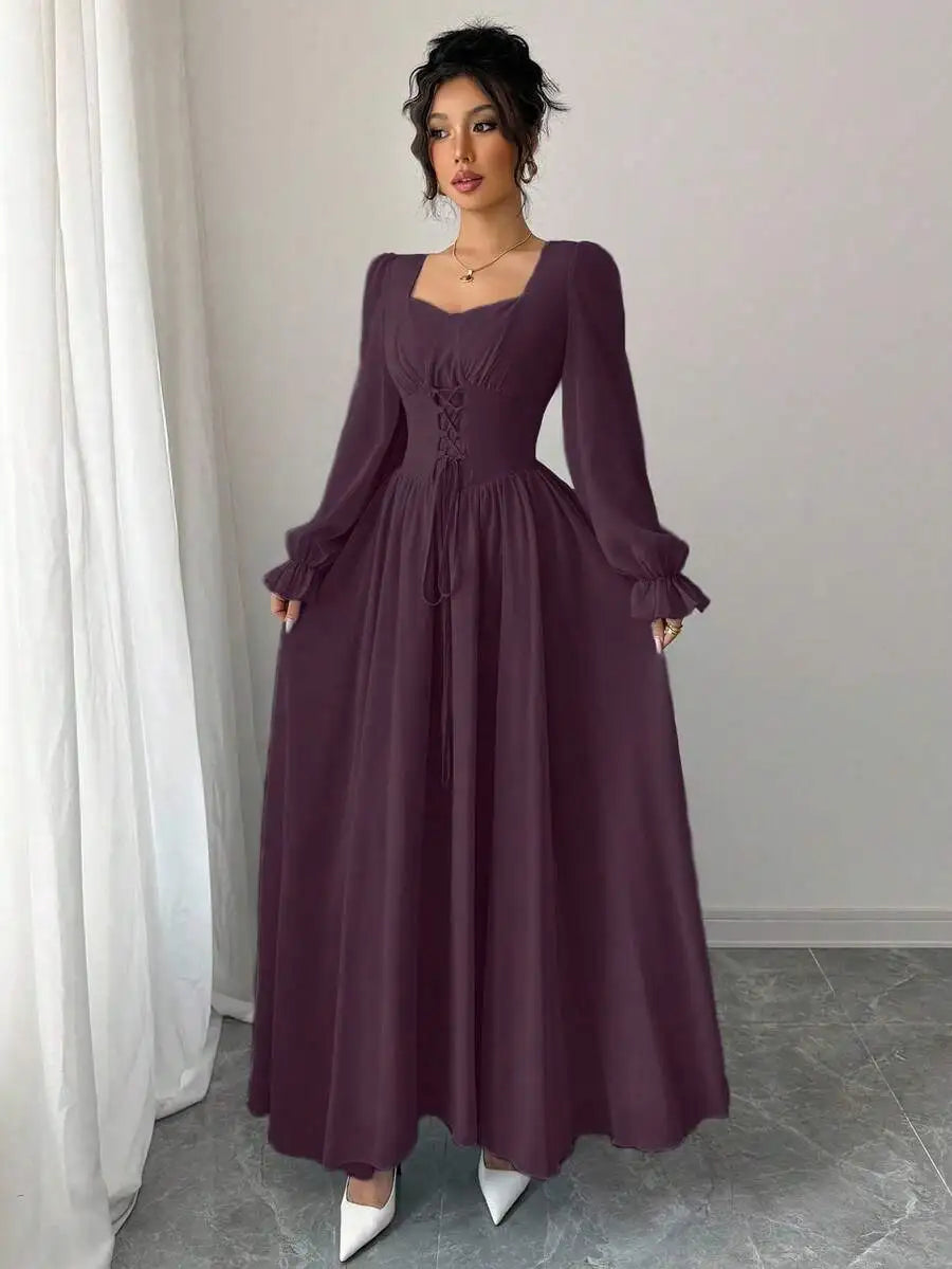 Elegant Blue Long Sleeve Maxi Dress with Corset Lace-Up Waist, Square Neck, Ruffled Cuffs for Spring Summer Events