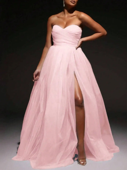 Elegant Pink Tulle Maxi Dress with Sweetheart Neckline, High Slit & Flowy Skirt for Prom, Wedding Guest, Formal Events