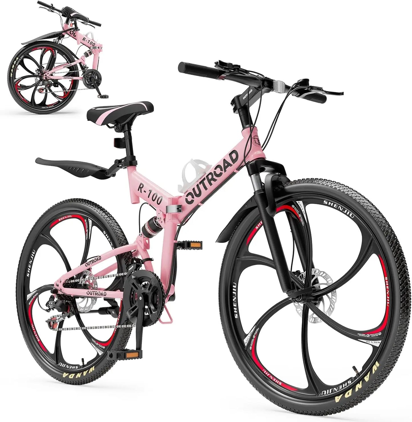 26 inch Folding Mountain Bike, Carbon Steel Frame and 21 Speed, Double Disc Brake and Dual Suspension Folding Bike