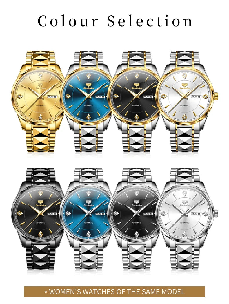 JSDUN High End Men's Watches Auto Calendar Week Tungsten steel Sapphire Mirror Automatic Mechanical Watch for Men Luxury Brand