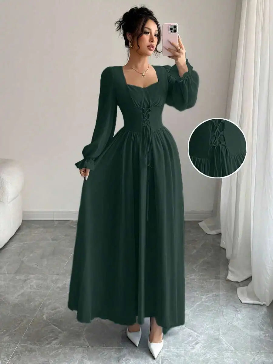 Elegant Blue Long Sleeve Maxi Dress with Corset Lace-Up Waist, Square Neck, Ruffled Cuffs for Spring Summer Events