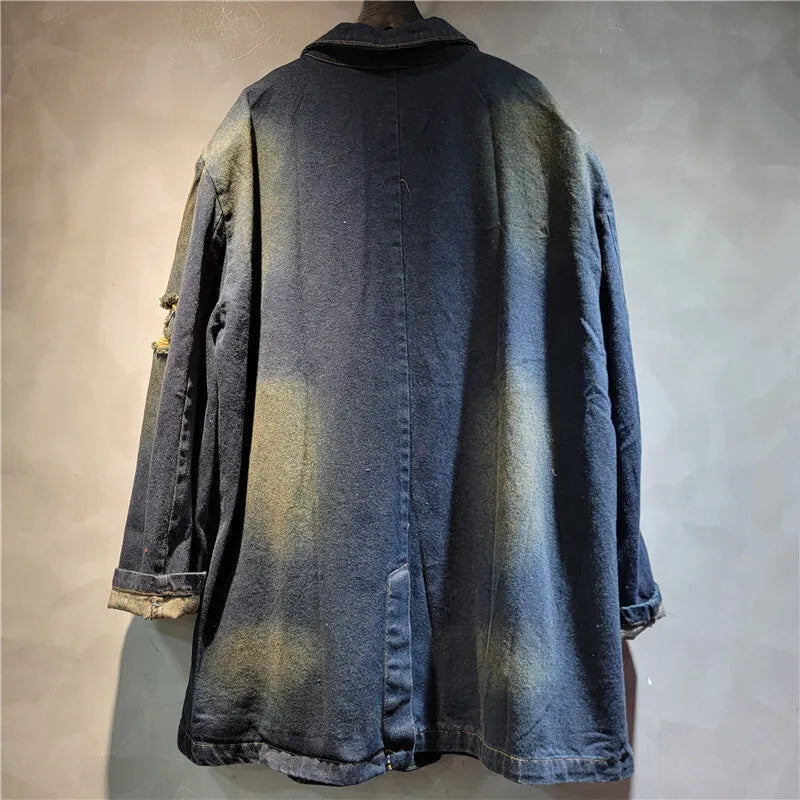 WTHT Vintage Fashion Women's Broken Hole Denim Coat 2024 Winter Trendy Turn-down Collar Long Sleeves Jacket Female 1LS439