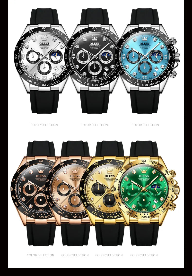OLEVS Watches for Men Chronograph Analog Quartz Watch Moon Phase Silicone Diamond Waterproof Luminous Quartz Wrist Watches