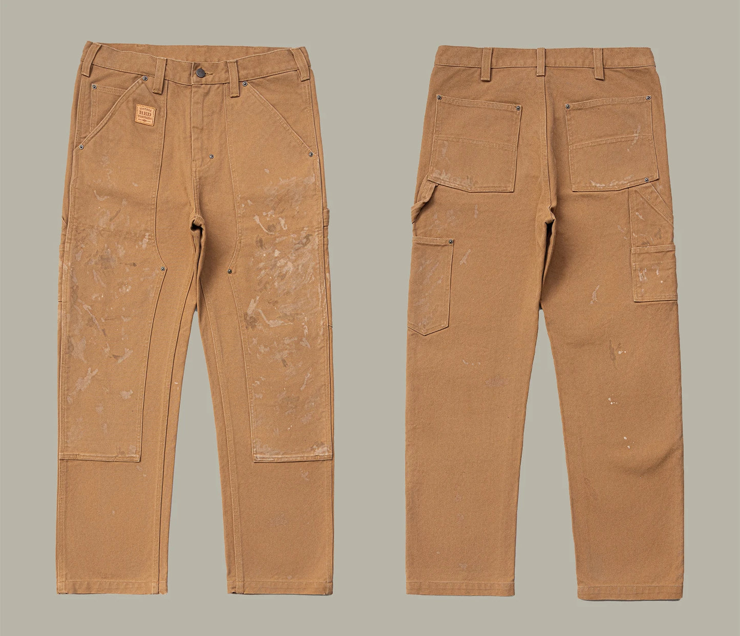 Red Tornado Paint Splatter Distressed Work Pants Vintage Men's Double Knee Heavy Canvas Carpenter Trousers