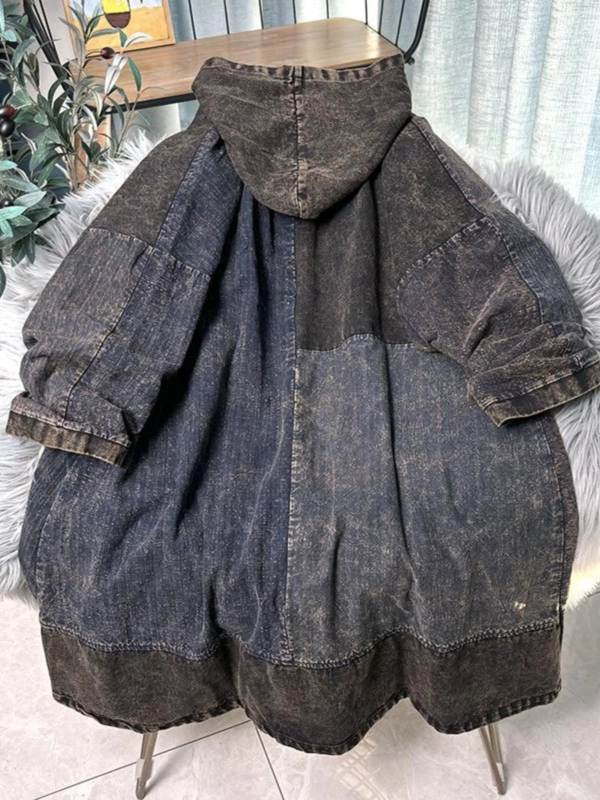 Chinese Style Personalized Old Fabric Denim Patchwork Hooded Vintage Loose Long Sleeved Dress Women Spring Autumn MCP008