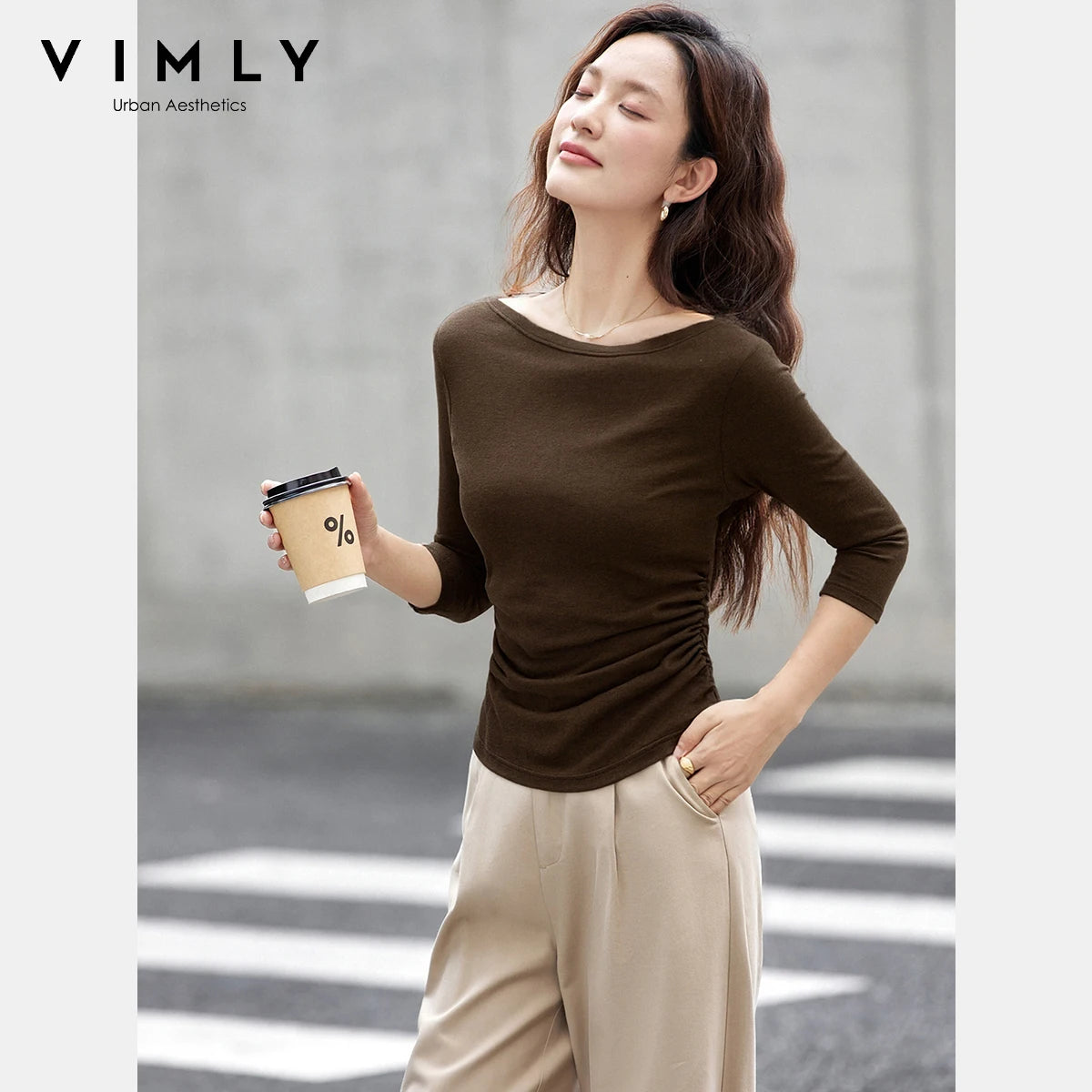 VIMLY Tops Woman 2026 Spring Fall Slash Neck Long Sleeve Ladies T-shirts Casual Knitted Slim Fit Strecth Female Tees A3039