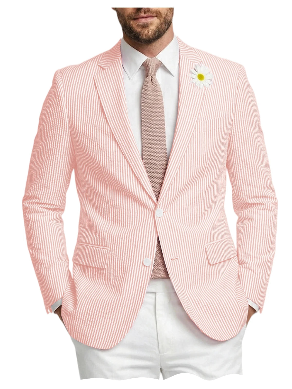 Men's Striped Seersucker Blazer Notch Lapel Slim Fit Suit Jacket Summer Lightweight Business Casual Sport Coat for Wedding Party