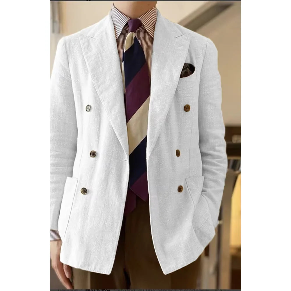 Elegant Men's Linen Blazer Double Breasted Peak Lapel Breathable Lightweight Fashion Casual Jacket Old Mmoney Aesthetic Business
