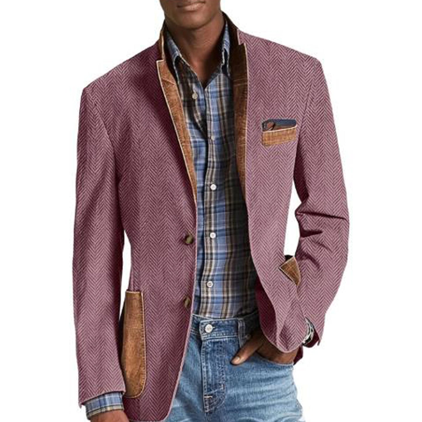 Vintage Men's Herringbone Blazer Casual Patchwork Suede Trim Notched Collar Suit Jacket Slim Fit Fashion Business Sport Coat