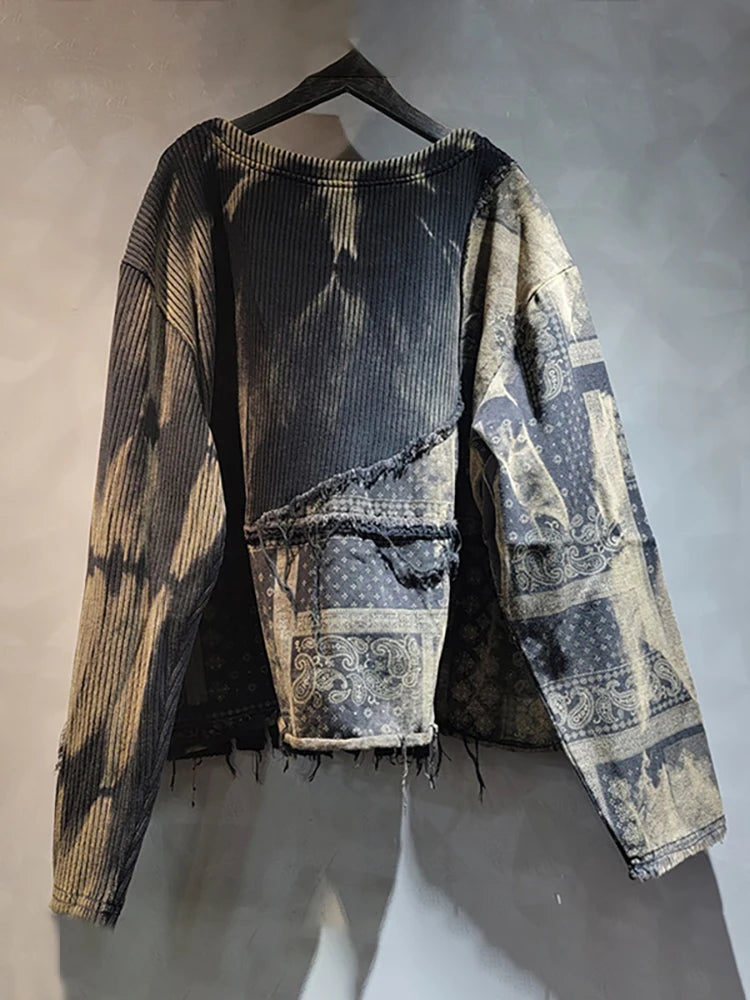 DEAT Women Pullover Knitted Distressed Tie-dye Printed Black Vintage Tassel Long Sleeve Sweater Summer 2026 New Fashion 11A0969