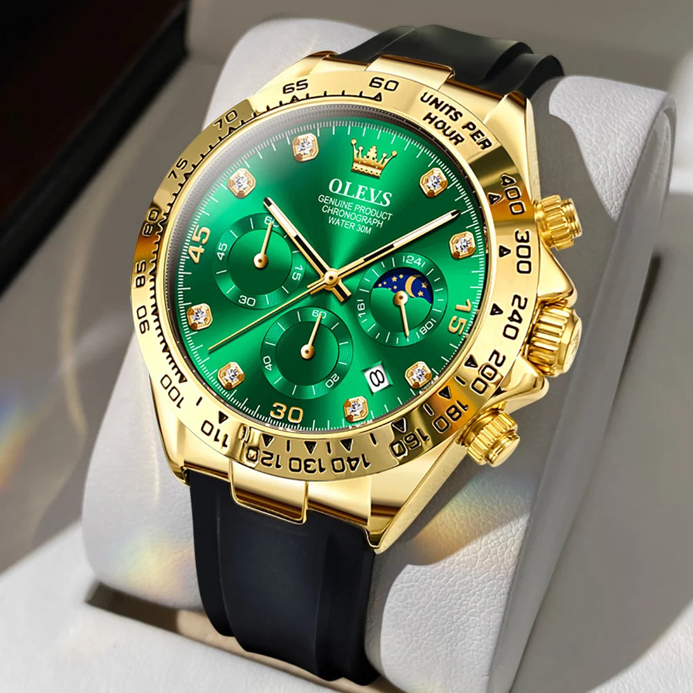OLEVS Watches for Men Chronograph Analog Quartz Watch Moon Phase Silicone Diamond Waterproof Luminous Quartz Wrist Watches