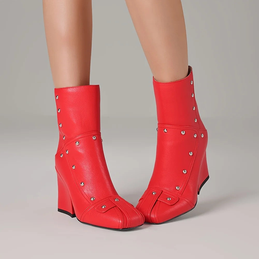 Women's Punk Square Toe Ankle Boots Fashion Rivet Patchwork Back Zipper Chunky High Heel Party Boots Woman