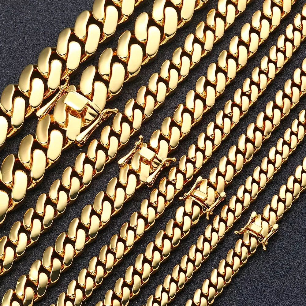 8-22mm Hip Hop Bling Gold Color Stainless Steel  Cuban Miami Link Chain Necklaces for 18k Gold-plated Men Rapper Jewelry(1PC)