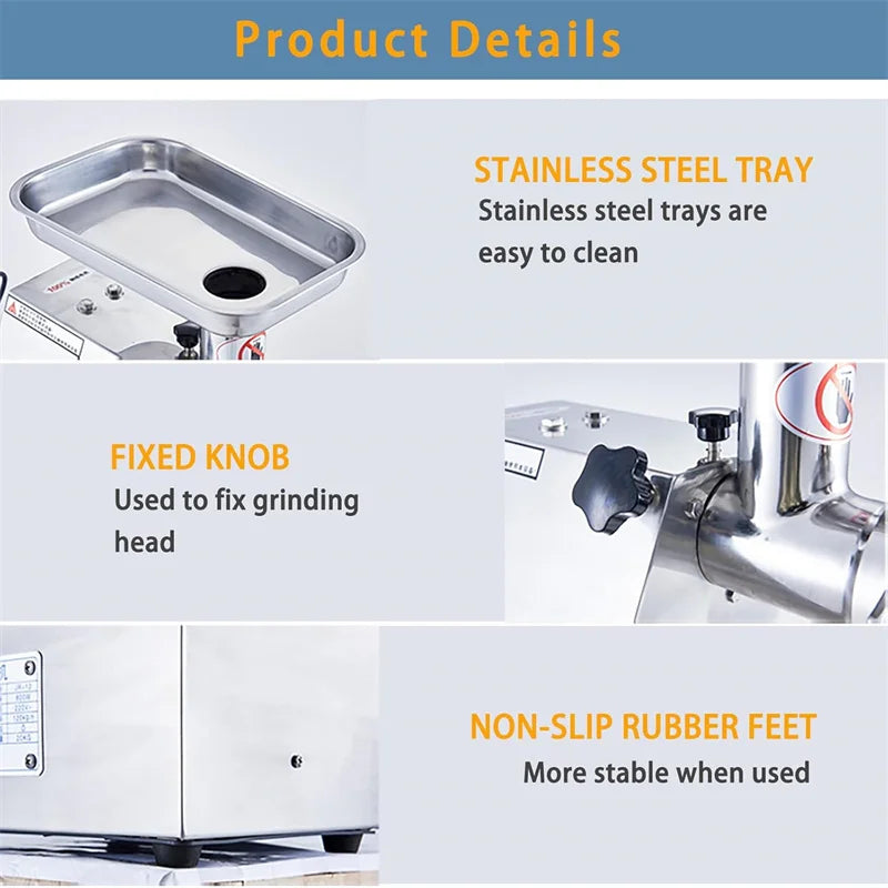 Commercial Meat Grinder, Stainless Steel Meat Grinder, 265lbs/H Electric Meat Grinder Heavy Duty with 2 Blades, 2 Plates